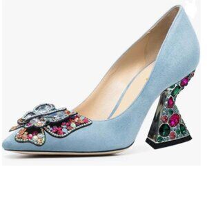 YDN Blue Suede Butterfly Pumps Colorful Crystal High Heels Studded Slip On Shoe